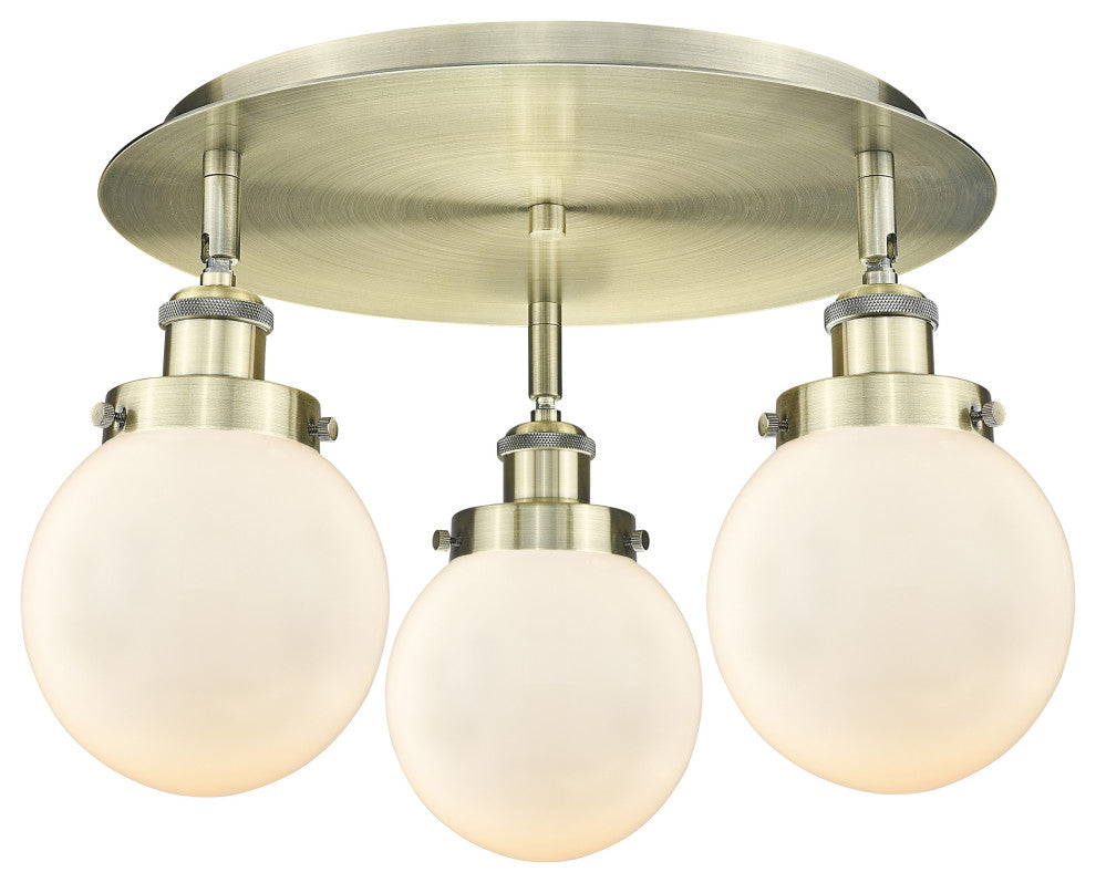 Beacon-3 Light 18" Flush Mount-Antique Brass, Matte White Glass Shade