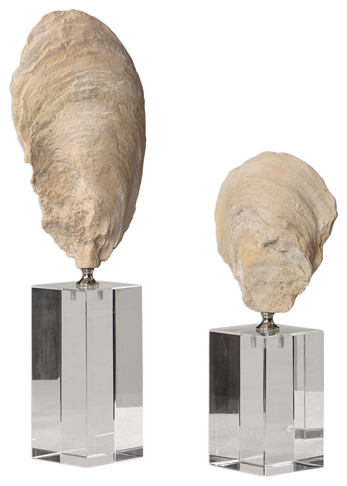 Luxe Coastal Ivory Oyster Sea Shell Sculpture 2-Piece Set