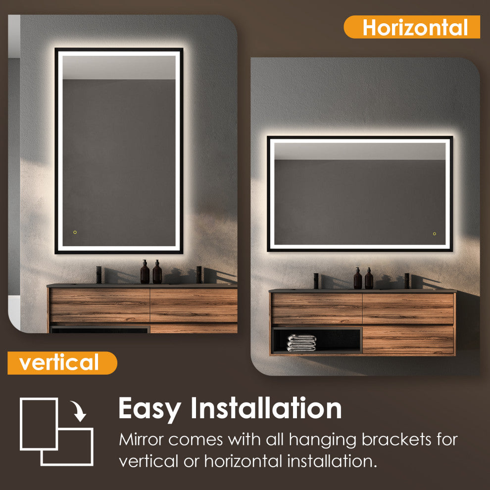Apollo Anti-Fog Dimmable Vanity, LED Lighted Wall Mirror, Matte Black, 48"