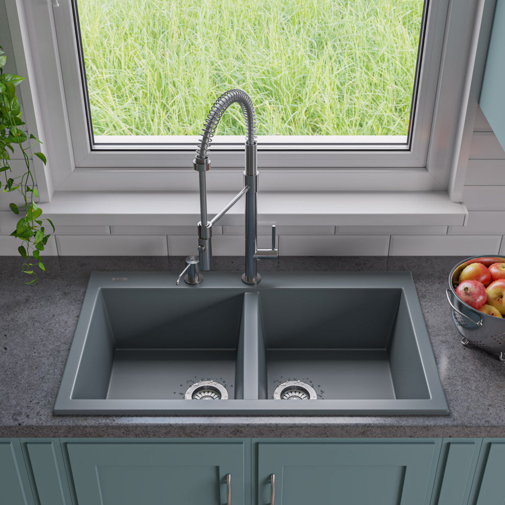 Titanium 34" Drop-In Double Bowl Granite Composite Kitchen Sink