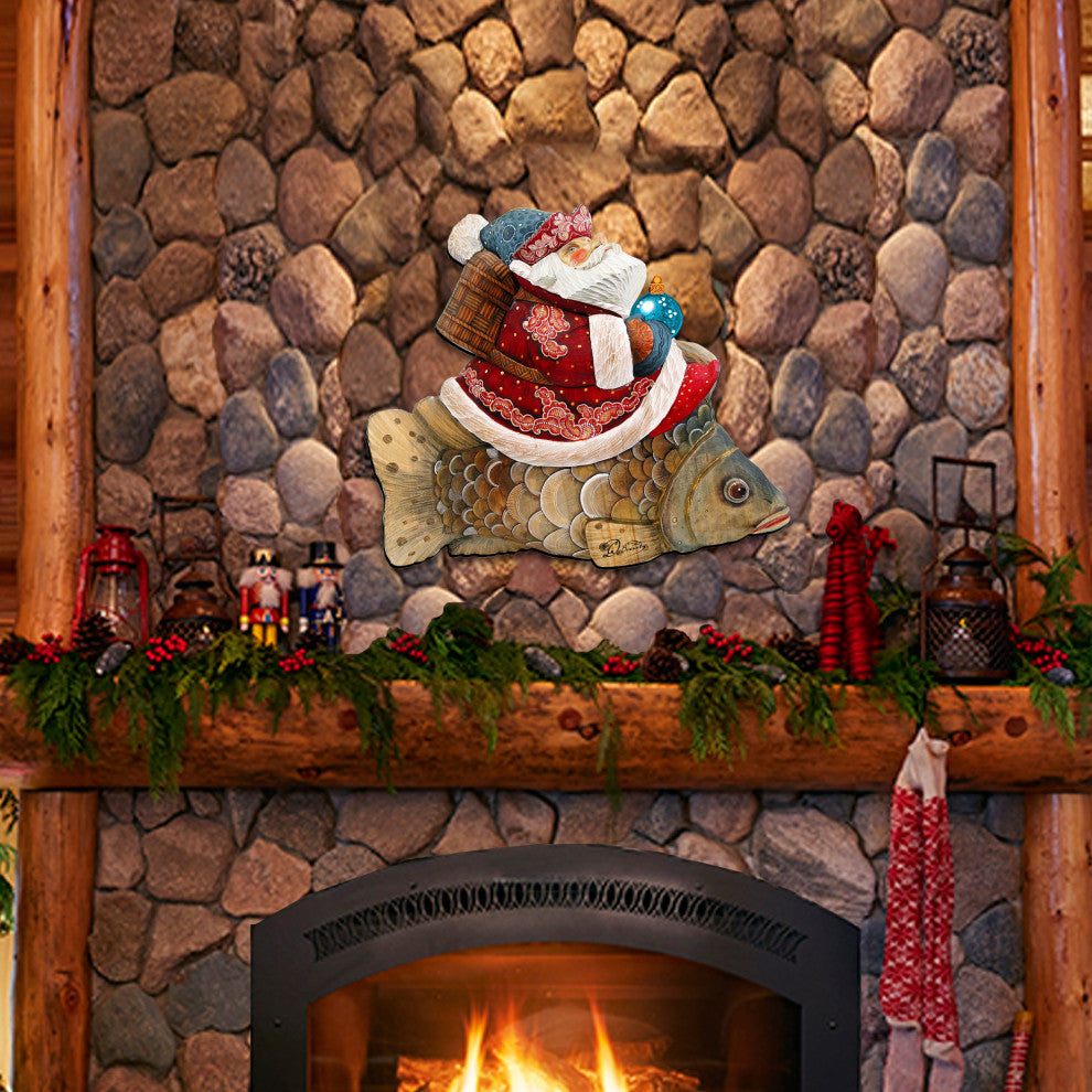 Golden Fish Santa Wooden Door Hanger