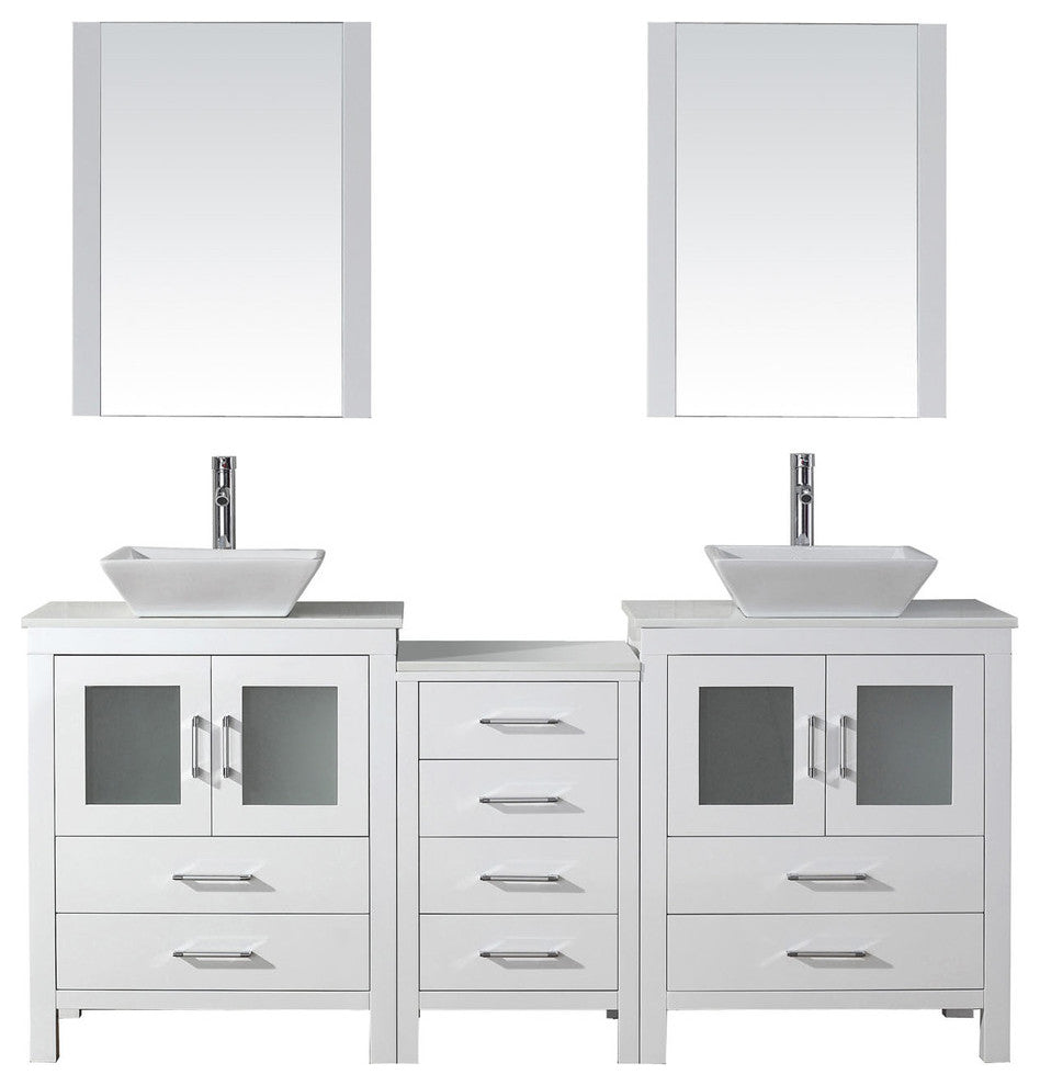 Virtu Dior 74" Double Bathroom Vanity, White With Faucet and Mirrors