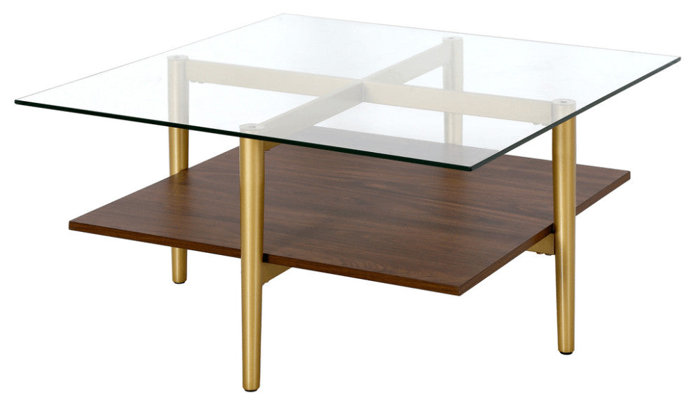 32" Brown And Gold Glass And Steel Square Coffee Table With Shelf