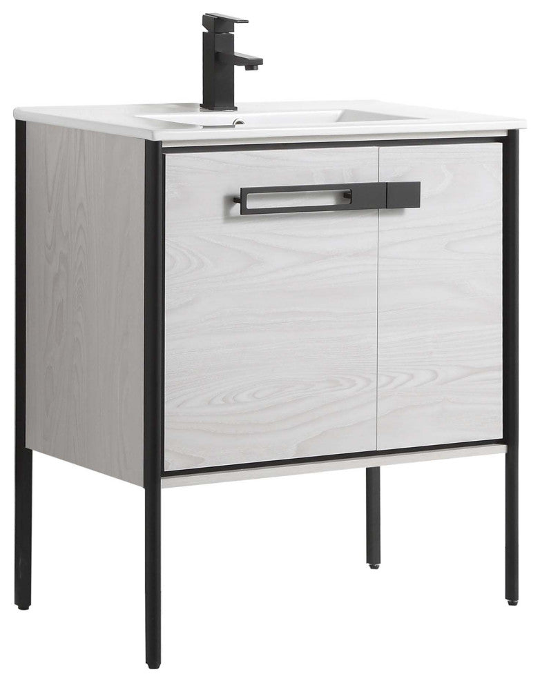 Oakville Bath Vanity, Ceramic Sink, Mild Grey Oak, 30 Inch, Black Hardware