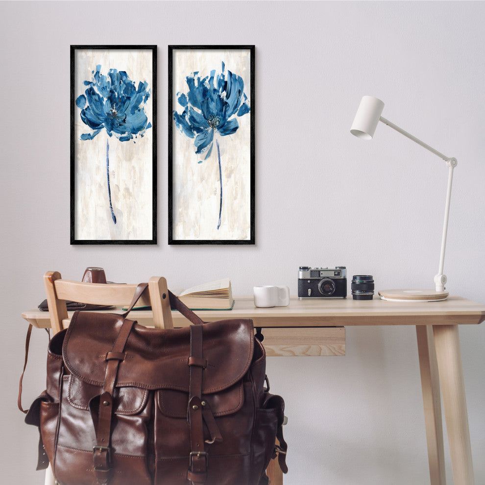 Vivid Blue Abstract Flowers Rustic Florals Neutral Beige,10 x 24