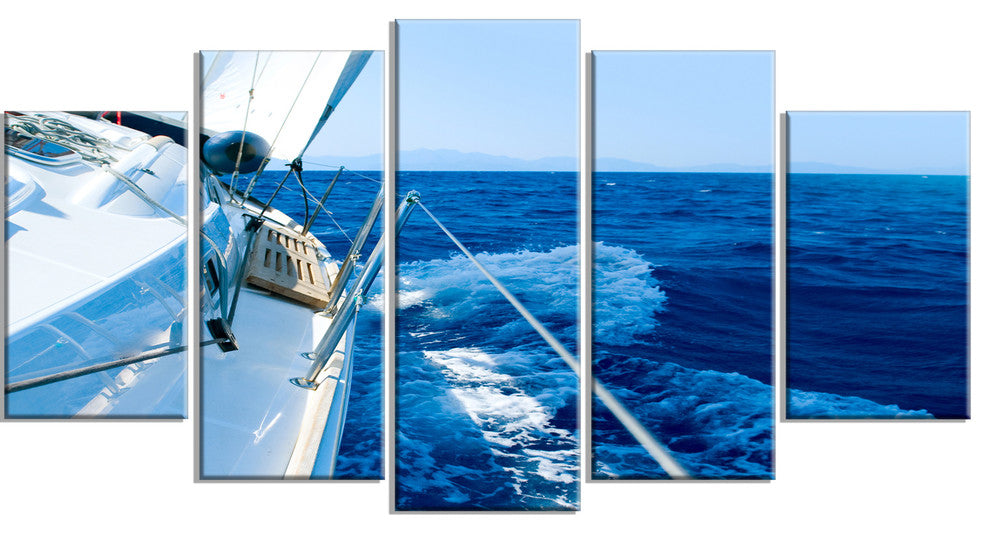 Tourism Yacht Sailing in Blue Sea, Seashore Canvas Wall Art, 60"x32", 5 Panels