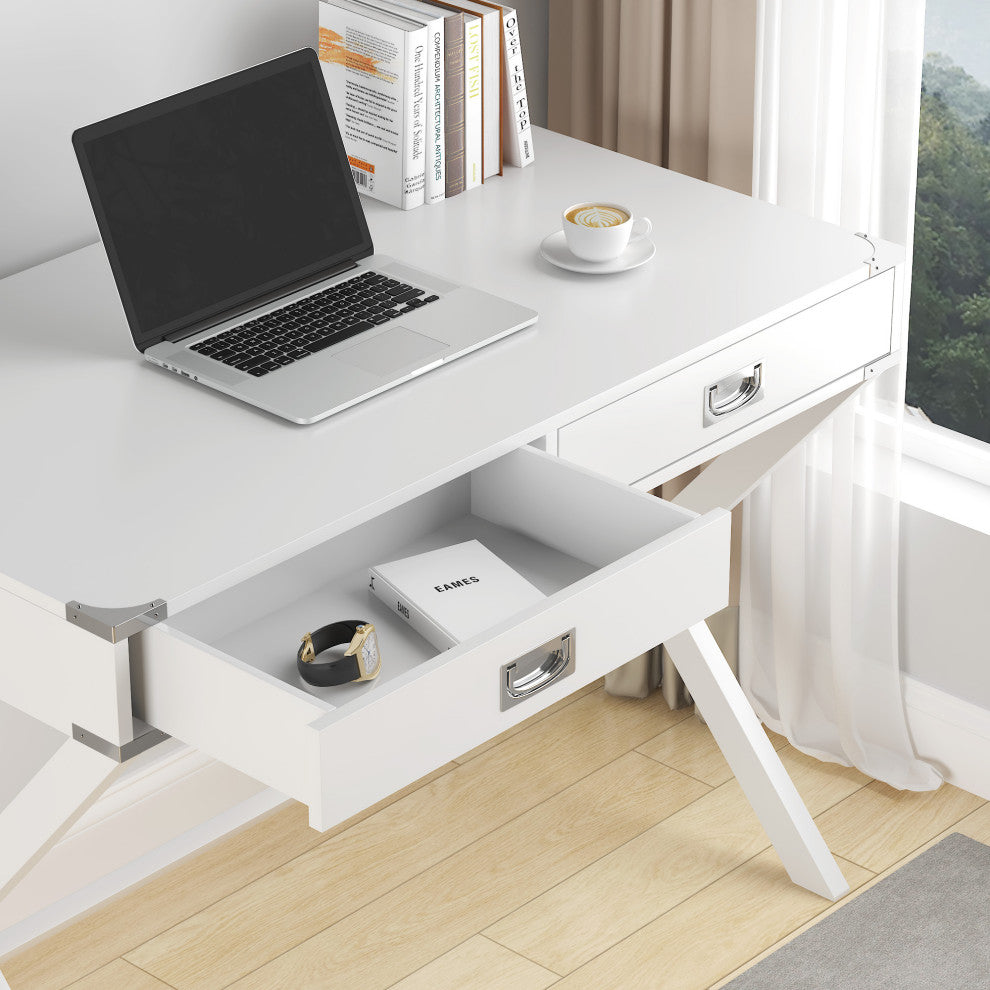 TATEUS Computer Desk with Storage, Solid Wood Desk with Drawers, White
