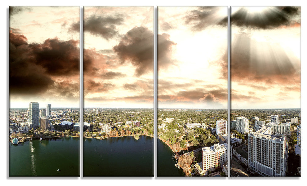 "Downtown Orlando Sunset Aerial" Seascape Art Canvas, 4 Panels, 48"x28"