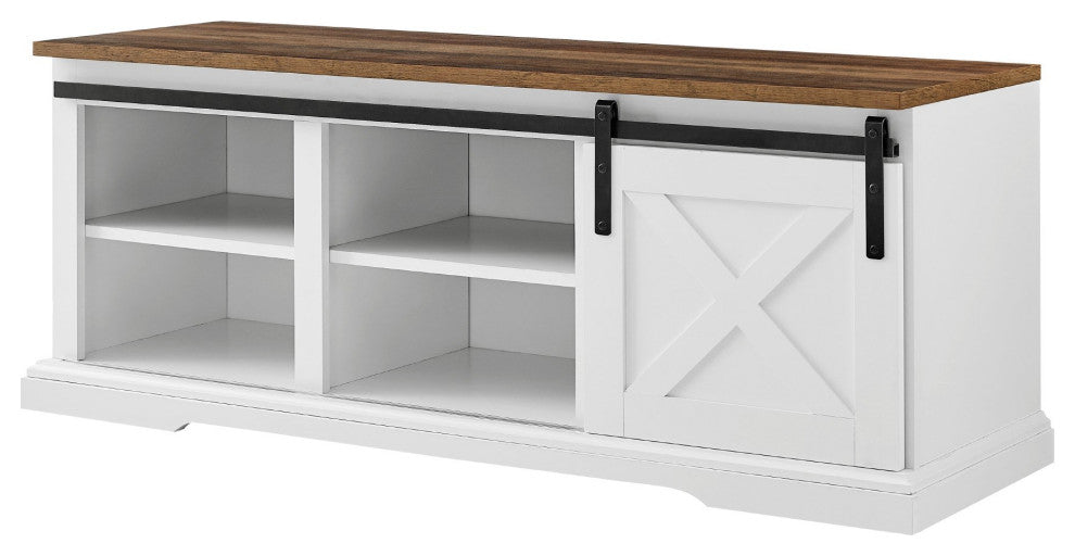 Farmhouse Storage Bench, Sliding Door With X-Front & 2 Adjustable Shelves, White