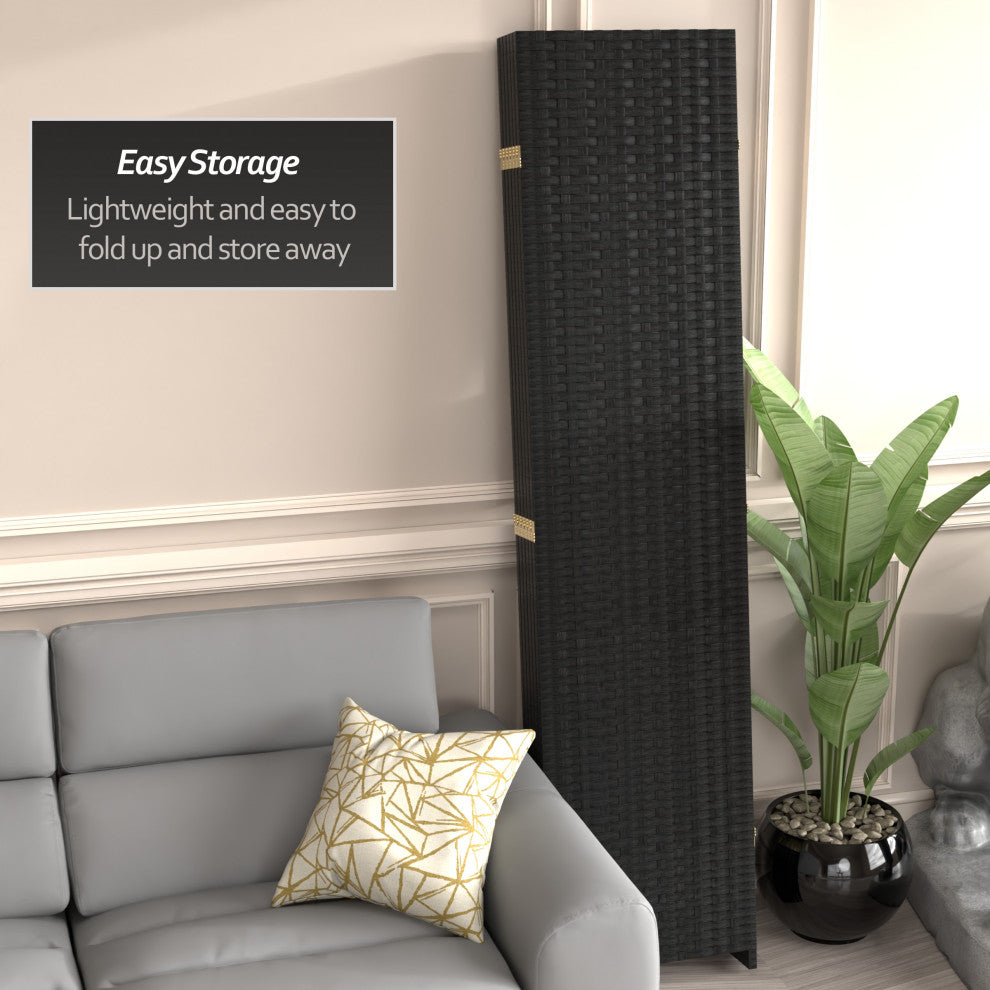 7' Tall Woven Fiber Room Divider, Black, 6 Panel