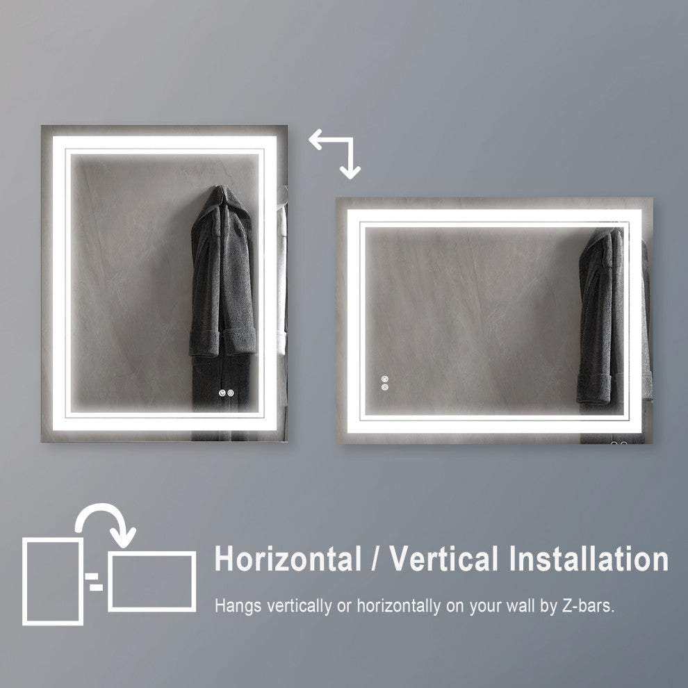 Frameless LED Lighted Bathroom Mirror With Defogger Dimmer, 28"x36"