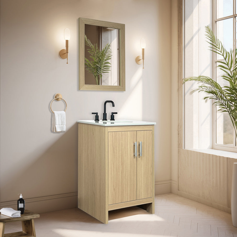 Single Vanity, Neutral Finish Top With White Engineered Stone And Oval Sink, 25"