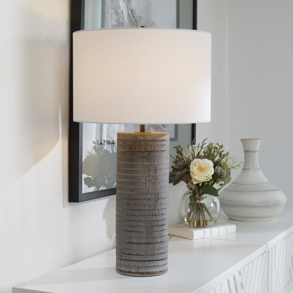Rustic Chiseled Gray Brown Stripe Cylinder Table Lamp 29in Carved Ceramic Bronze