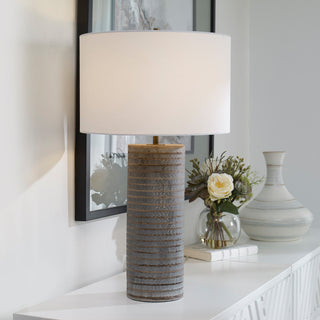 Rustic Chiseled Gray Brown Stripe Cylinder Table Lamp 29in Carved Ceramic Bronze