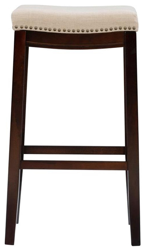 Linon Hampton Bar Stool Beige Padded Seat Wood Frame in Dark Walnut Brown
