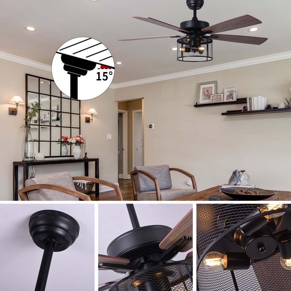 52" Ceiling Fan With Lights and Remote Control, Reversible Blades, Matte Black