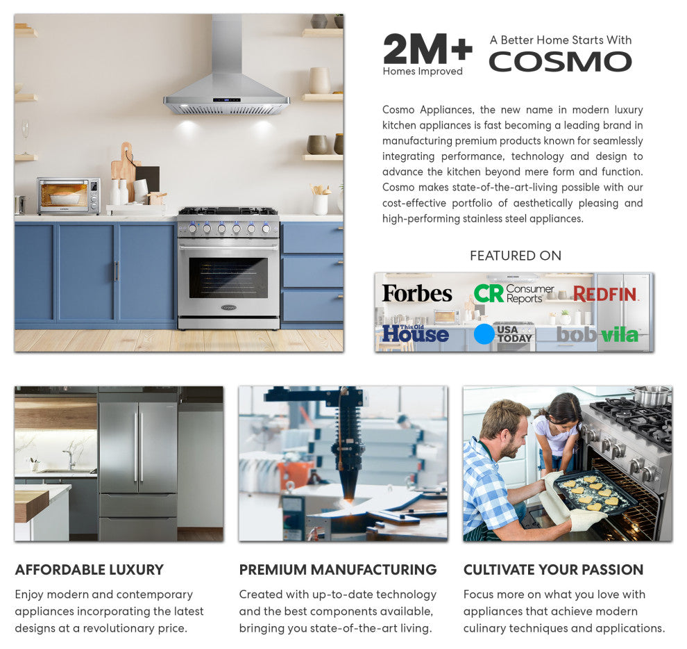 Cosmo 380 CFM Euro Stainless Steel Island Glass Range Hood With Permanent Filter
