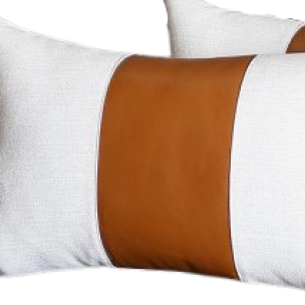 Set of 2 Porcelain White and Center Caramel Brown Faux Leather Pillow Covers