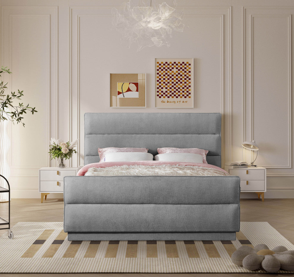 Paxton Chenille Fabric Upholstered Bed, Gray, Queen