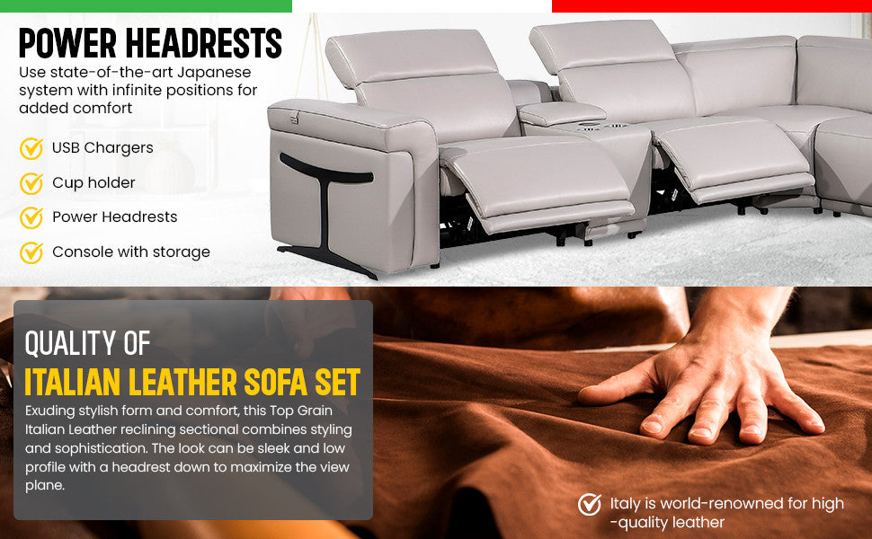 Giovanni 7-Piece 4-Power Reclining Italian Leather Sectional, Light Gray