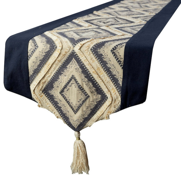 Decorative Table Runner Blue Jacquard 16"x108", Moroccan, Tassles & Lace, Aissa