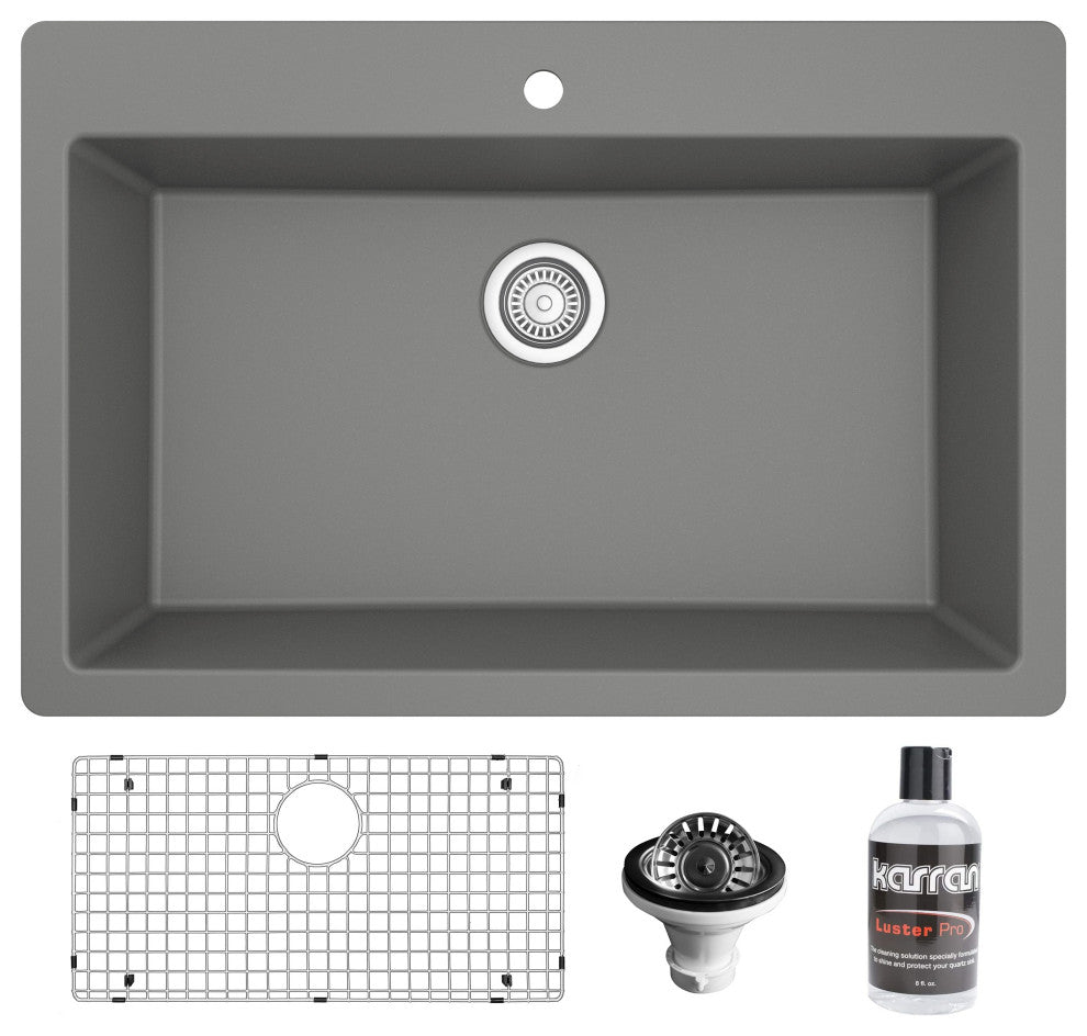 Karran QT-812 Top Mount 33" Large Single Bowl Quartz Sink Kit, Grey