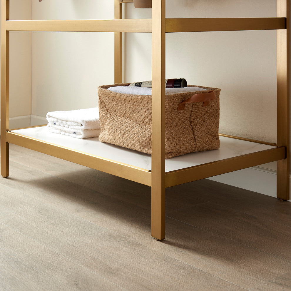 Funes Bath Vanity with Mirror, Brushed Gold Support, 36'', White Stone Top