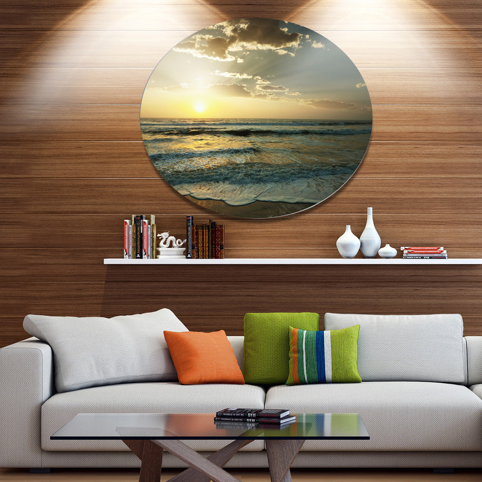 Dark Beach And Waves At Sunset, Beach Disc Metal Artwork, 23"