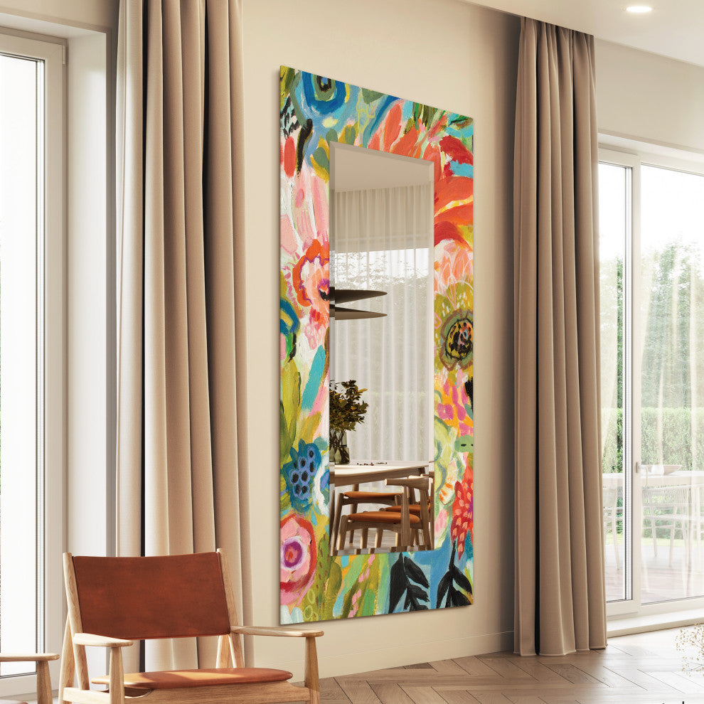 "Secret Garden Floral III" Frameless Reverse Printed Art Glass Mirror, 72" X 36"
