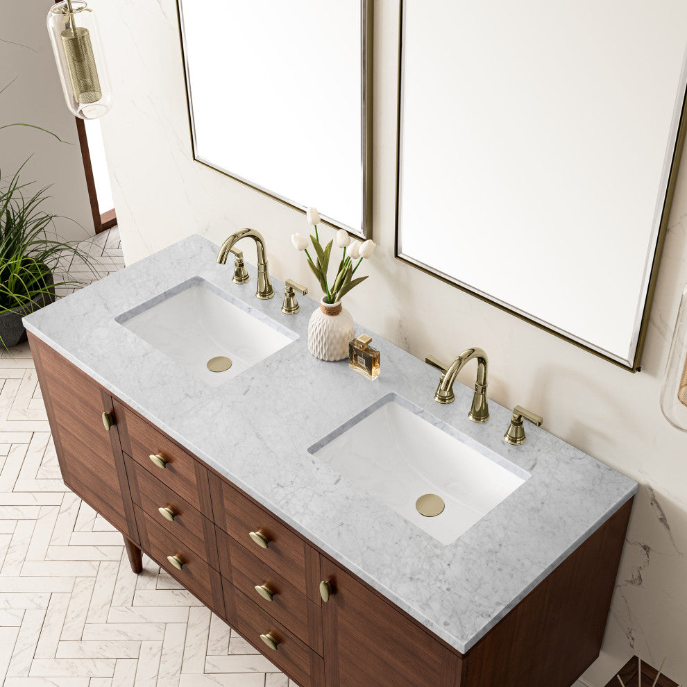 Amberly 30" Single Vanity, Mid-Century Walnut, 60", Carrara Marble, Three-Hole