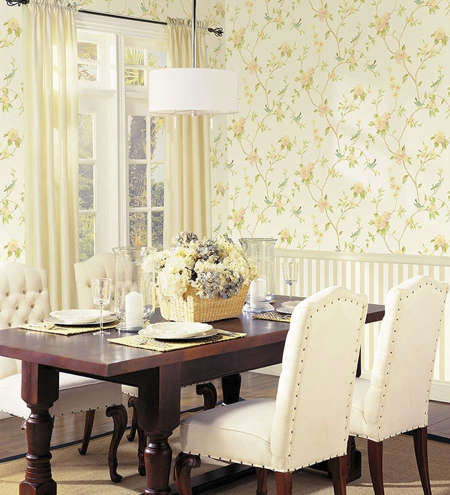 Rose Gardens 2, Romantic Floral Flower White, Green Wallpaper Sample