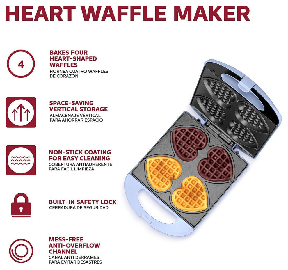 Non-Stick Heart Waffle Maker, Lavender - Makes 4 Heart-Shaped Waffles in Minutes, Lavender
