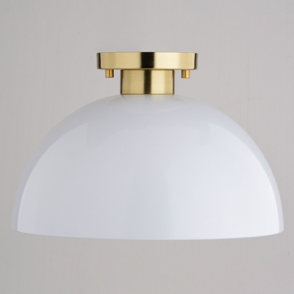 Devon Mid-Century Modern Semi Flush Mount Ceiling Light, Glossy White and Satin Brass