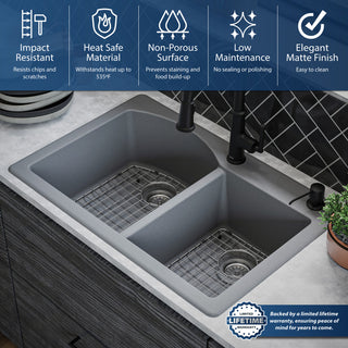 Karran Drop-In Quartz 33" 1-Hole 60/40 Double Bowl Sink Kit, Grey