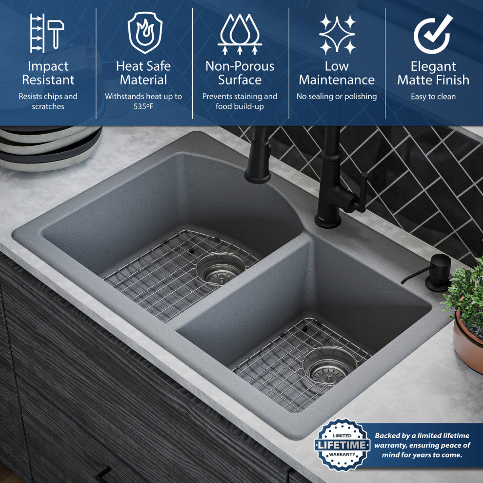 Karran Drop-In Quartz 33" 1-Hole 60/40 Double Bowl Sink Kit, Grey