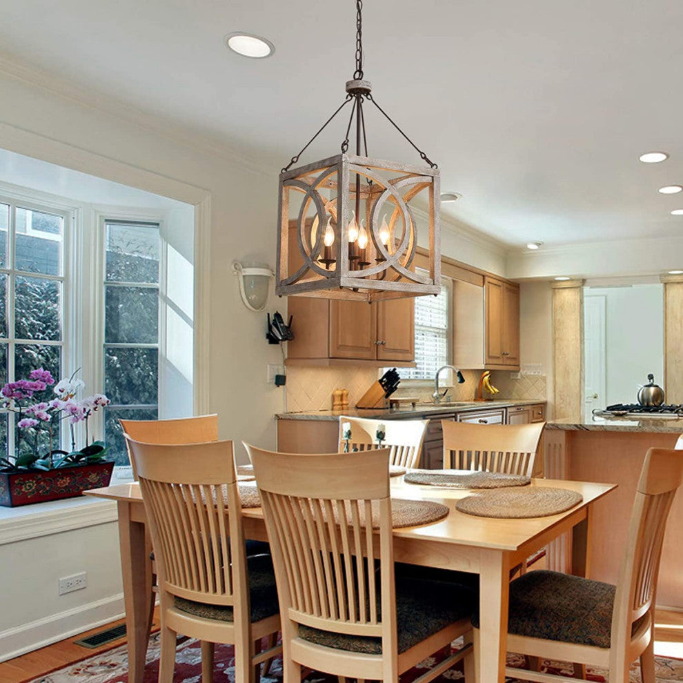 4 Light Square Wood Chandelier Vintage Cage Pendant Light Fixture