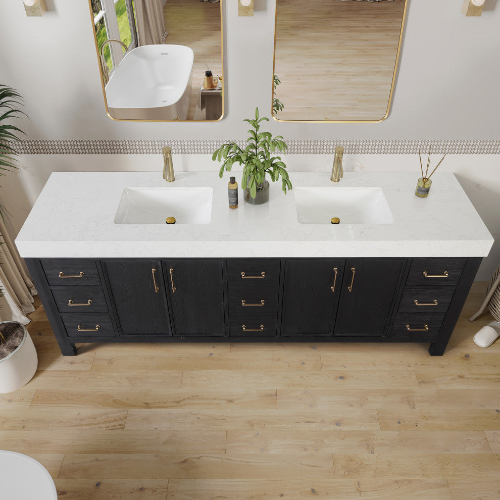 Leon Bath Vanity With Composite Stone Top, Fir Wood Black, 84", No Mirror