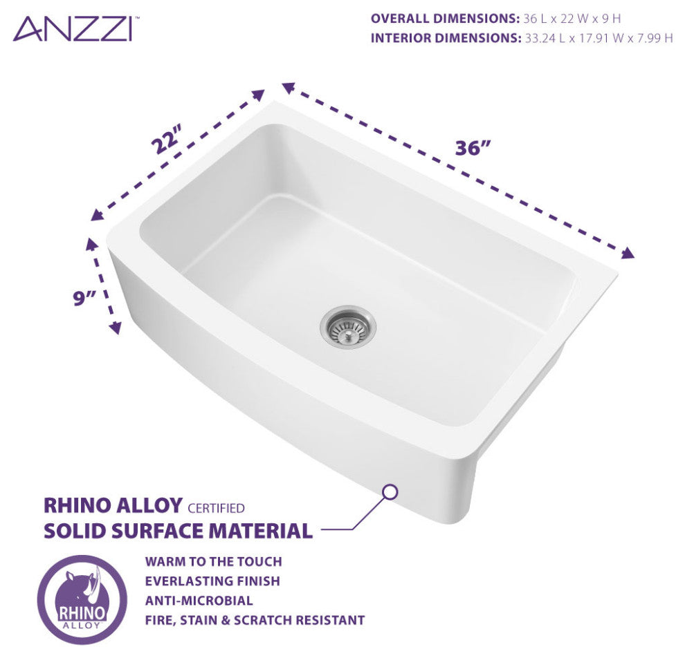 ANZZI Prisma Matte White Solid Surface Farmhouse 36" Single Bowl Kitchen Sink