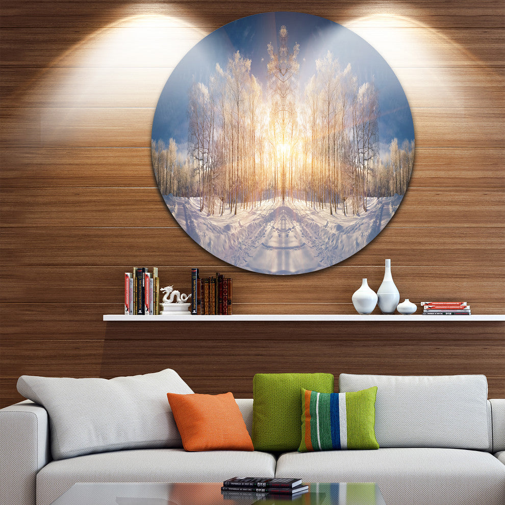 Horizontally Flipped Winter Land, Landscape Disc Metal Artwork, 23"