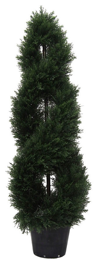 Vickerman 4' Artificial Green Cedar Double Spiral Topiary, Black Plastic Pot
