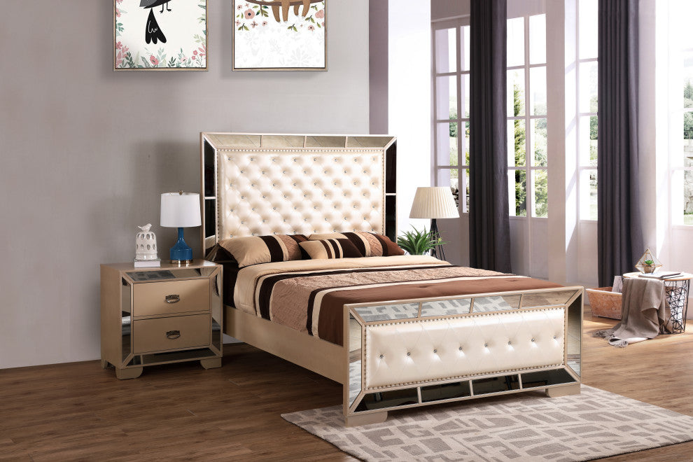 Galera Tufted and Mirrored Bed, Pearl, Full