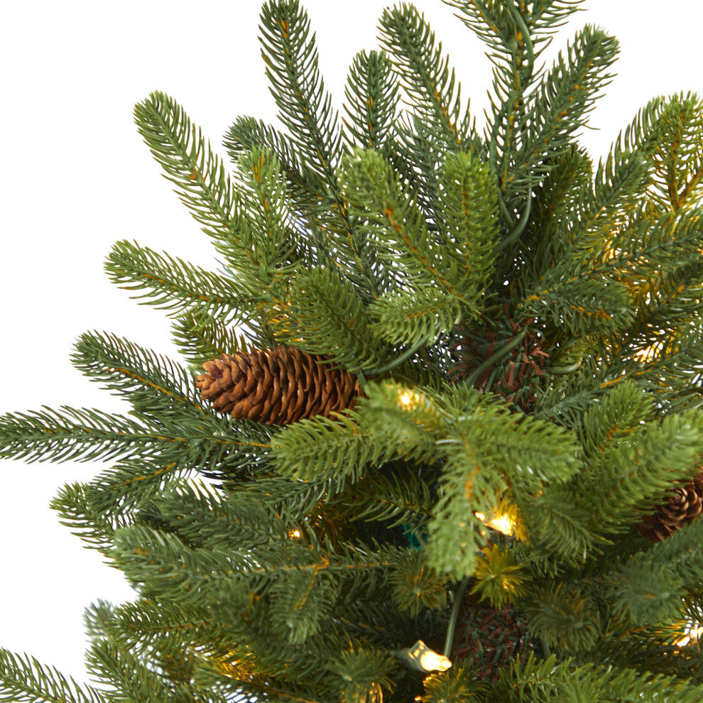 3.5' Yukon Mountain Fir Faux Xmas Tree W/50 Lights & Pinecones, Bronze Planter