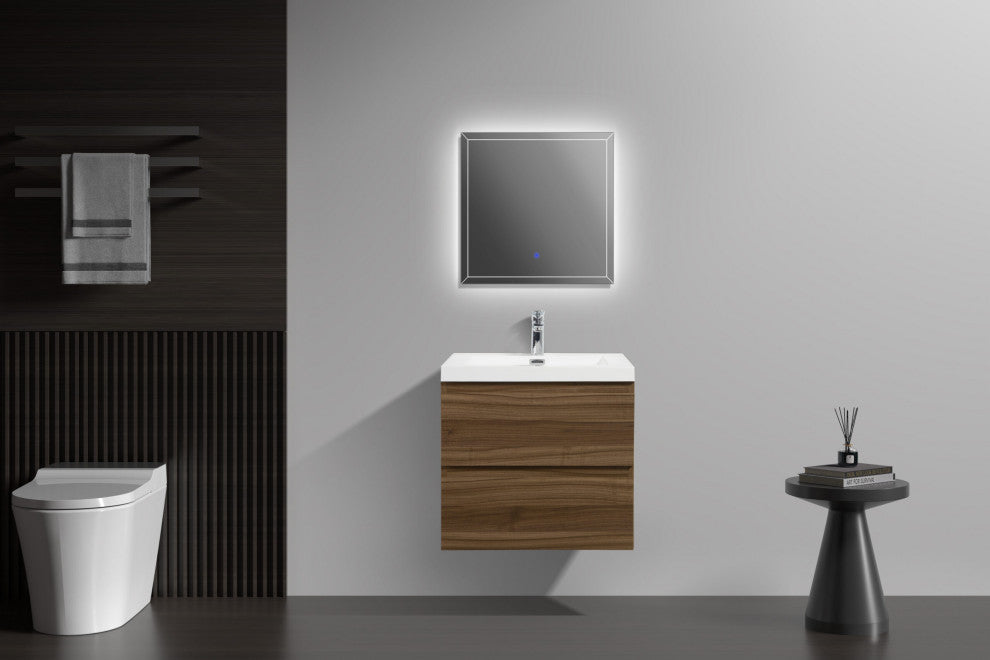 Aurora Wall Mount Vanity, White Acrylic Top, Smokey Walnut, 24"
