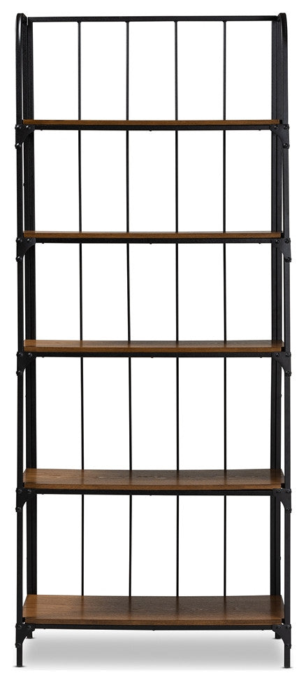 Rustic Distressed Wood and Black Metal Finished 2-Tier Living Room Ladder Shelf