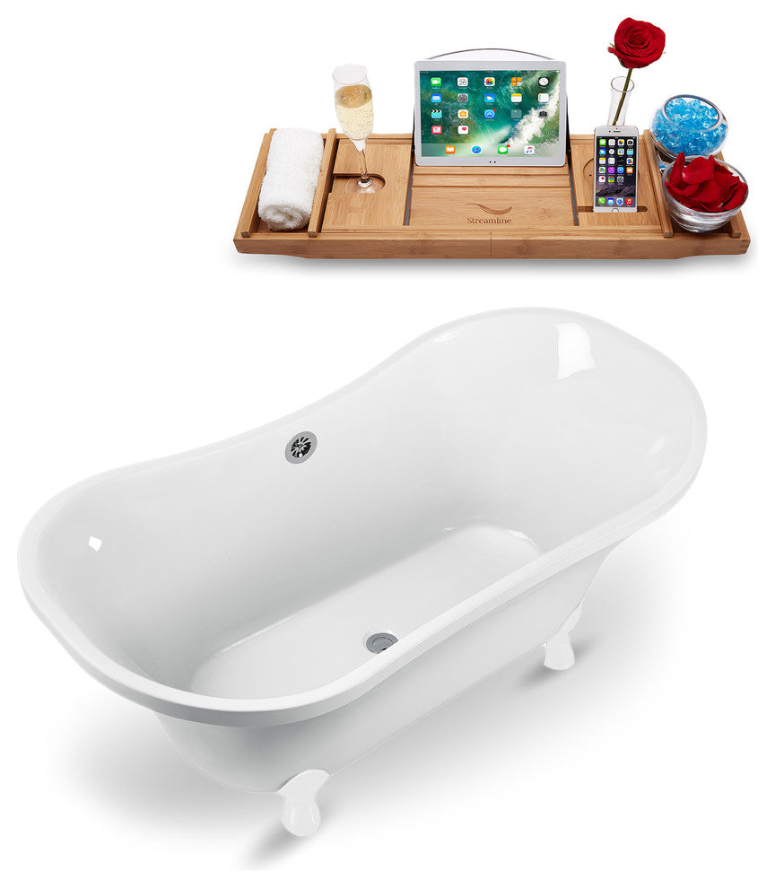 60" White Clawfoot Tub and Tray, White Feet, Chrome External Drain