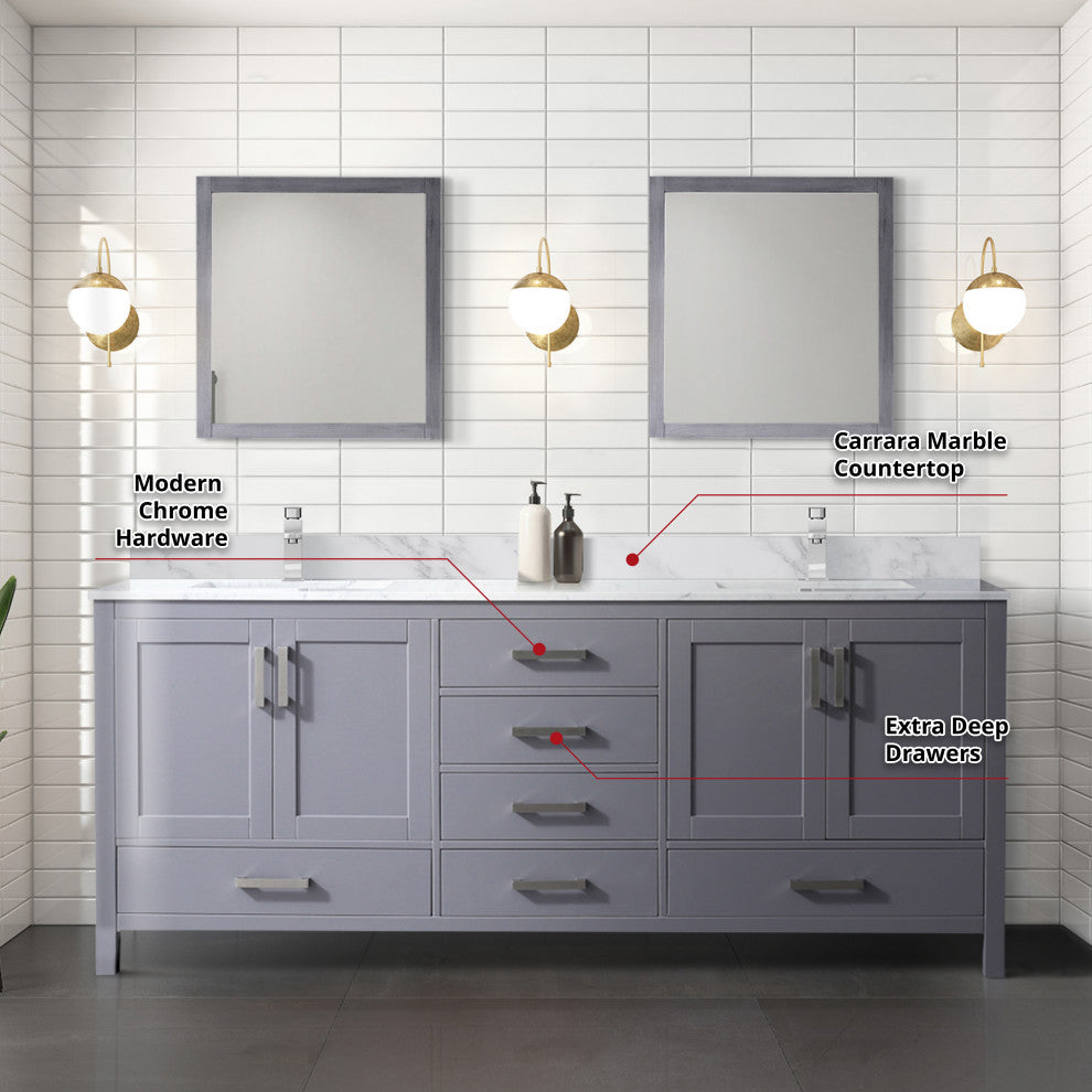 80" Dark Gray Double Vanity, White Carrara Marble Top, White Sinks, No Mirror