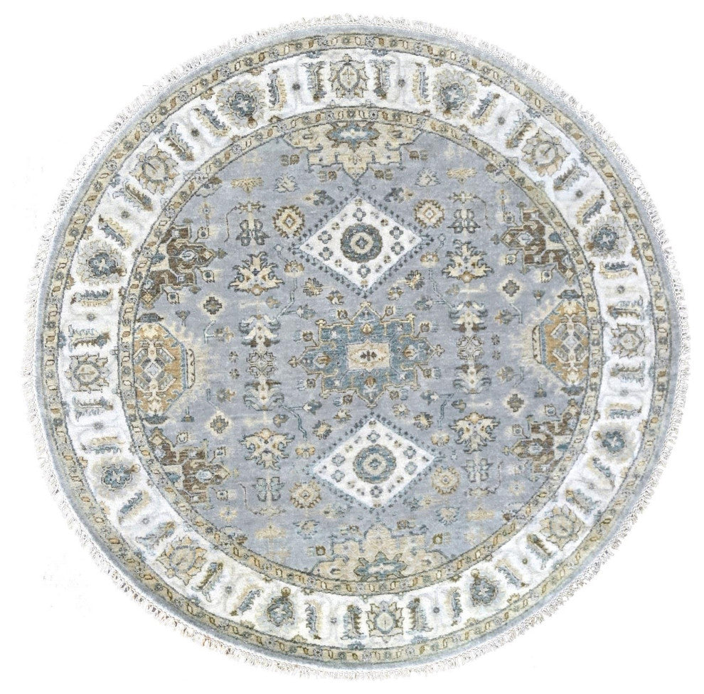 Lavender Gray Hand Knotted Karajeh Geometric Medallion Wool Round Rug 6'2"x6'2"