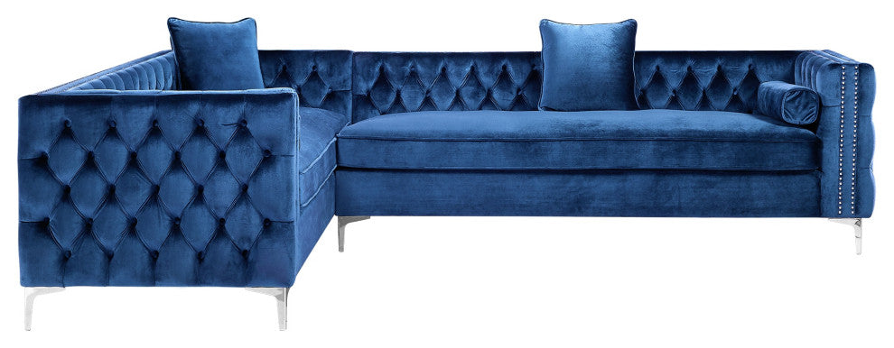 Jeannie 120" Velvet Corner Sectional Sofa, Navy, Left Facing
