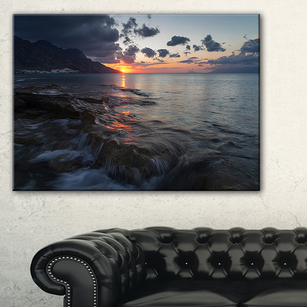 "Dark Mediterranean Beach Dawn" Modern Seashore Canvas Art, 32"x16"