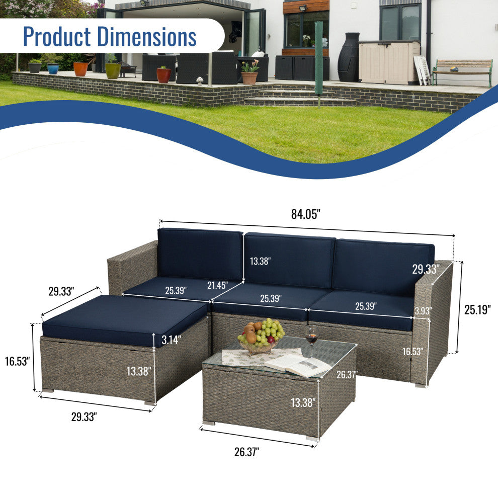 84" Wide Outdoor Wicker Reversible Patio Sectional With Cushions, Navy